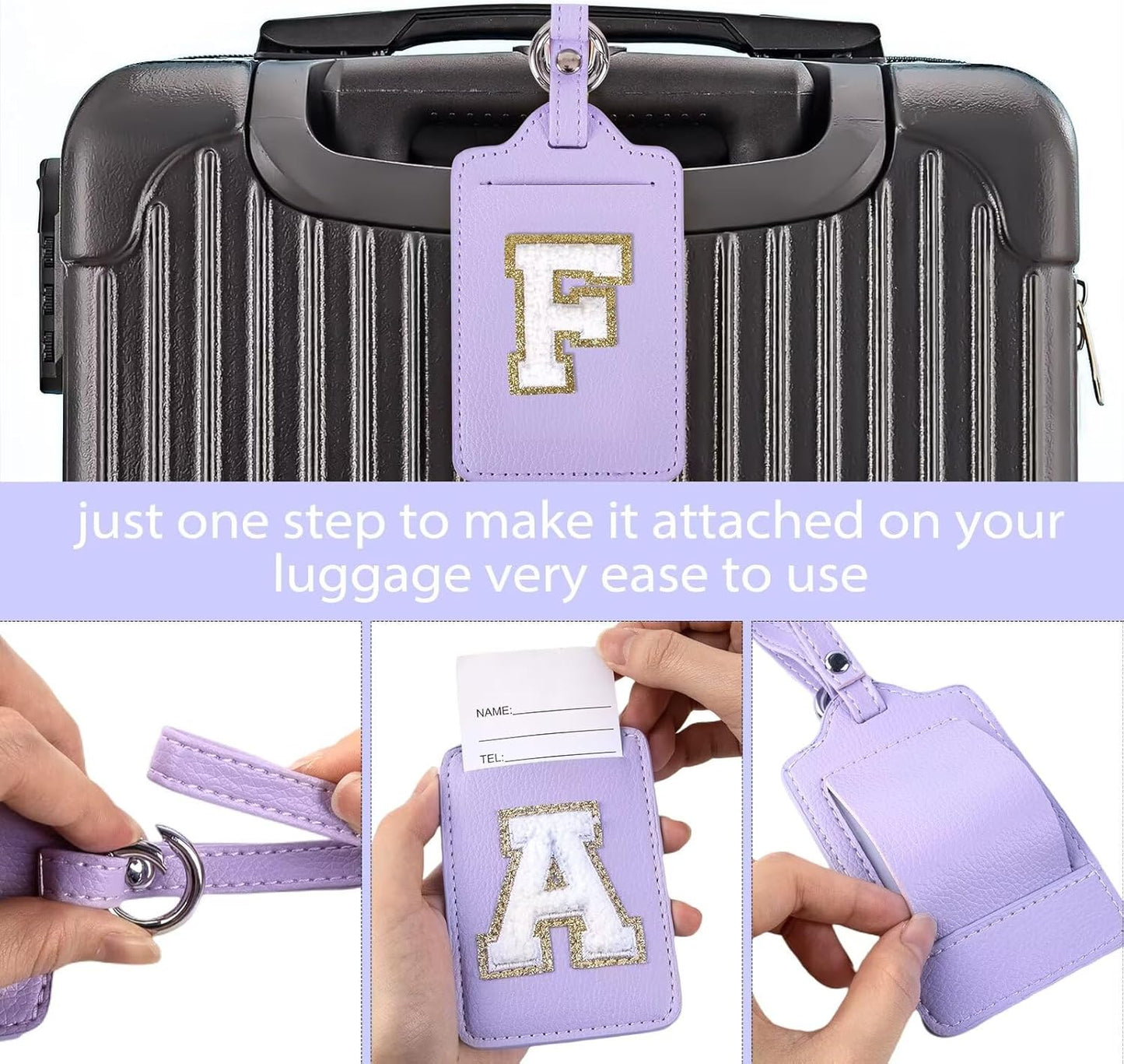 Personalized Initial Luggage Tags for Suitcases, Leather Chenille Letter Cute Luggage Tags with Privacy Name Card, Embroidered Travel Bag Backpack Tags Gifts for Women Kids Girls Teens(Purple-F)