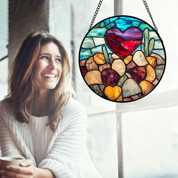 Stained Glass Window Hanging Red Heart-Shaped Stone 7.8" - Suncatcher Door Garden Sun Catcher Home Decor Birthday Anniversary Valentines Day Gifts for Woman Wife Men Her Him Lovers