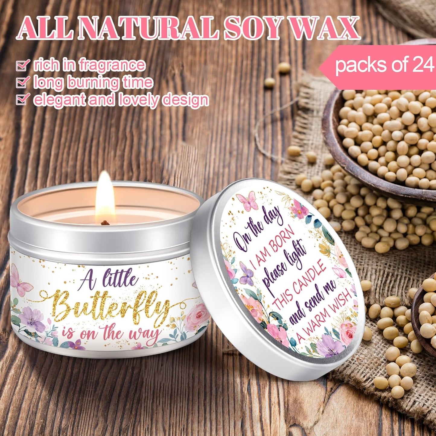 MTLEE 24 Pcs Butterfly Baby Shower Party Favors Candles Lavender Scented Baby Shower Favors for Guests Rustic Tealights Candles Gender Reveal Return Gifts Girl Boy(1.2 Oz, Gold)