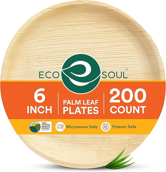 ECO SOUL 6 Inch Disposable Palm Leaf Plates [200 Pack] Premium Food-Safe Heavy Duty Compostable Bamboo Paper Plates for Dessert, Dinner, Apetizers, Weddings, Party, Camping & Catering Events [Round]