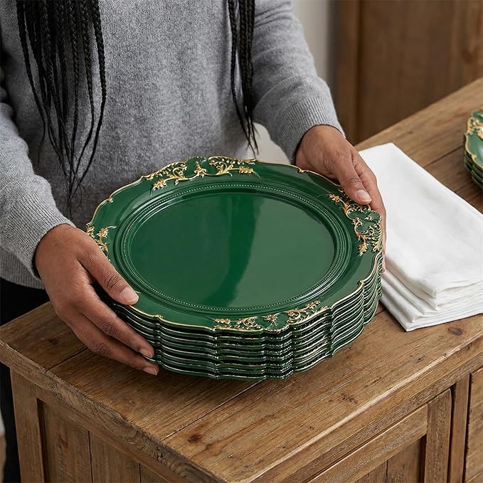 Green Charger Plates, 13 Inch Embossed Chargers for Dinner Plates. Plastic Charger for Wedding, Party. (Set of 6)