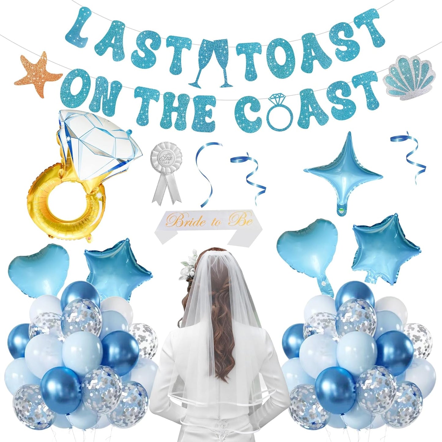 Kleeblatt Last Toast On The Coast Bachelorette, Blue Bachelorette Balloons Party Decorations Include Bride Balloons,Banner,Wedding Dress,Foil Fringe Curtain
