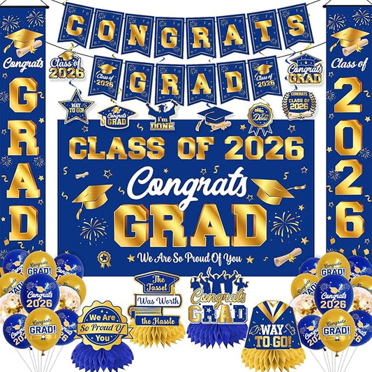Graduation Decorations Class of 2026 Blue and Gold Graduation Party Decor Set include Congrats Grad Banner Backdrop Class of 2026 Balloons Party Supplies