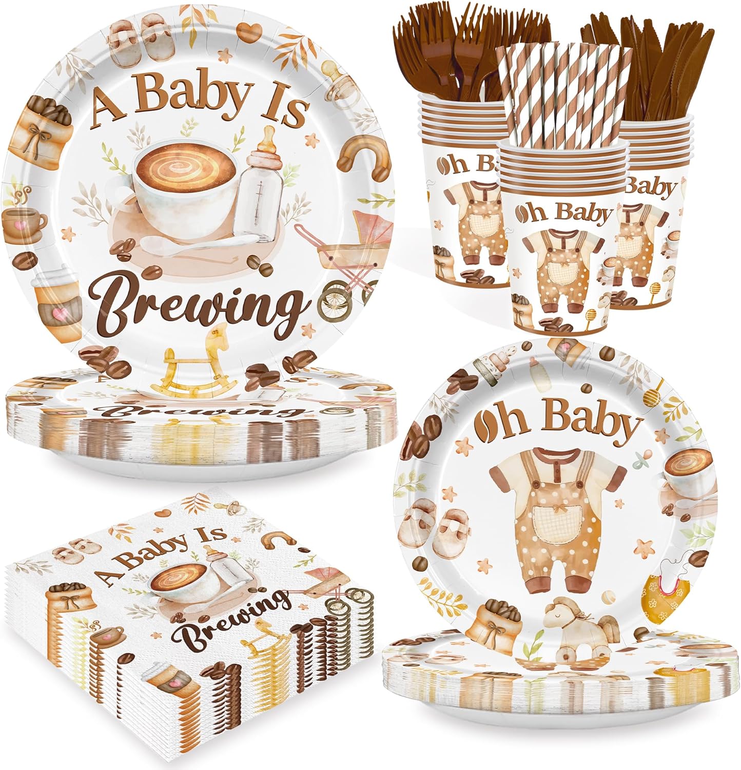 168PCS Coffee Baby Shower Party Supllies for Boys Girls A Baby Is Brewing Party Decorations Coffee Themed Tableware Plates Cups Napkins Cups Forks Knives and Straws Dinnerware for 24 Guests