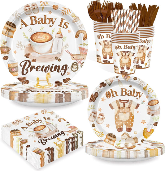 168PCS Coffee Baby Shower Party Supllies for Boys Girls A Baby Is Brewing Party Decorations Coffee Themed Tableware Plates Cups Napkins Cups Forks Knives and Straws Dinnerware for 24 Guests
