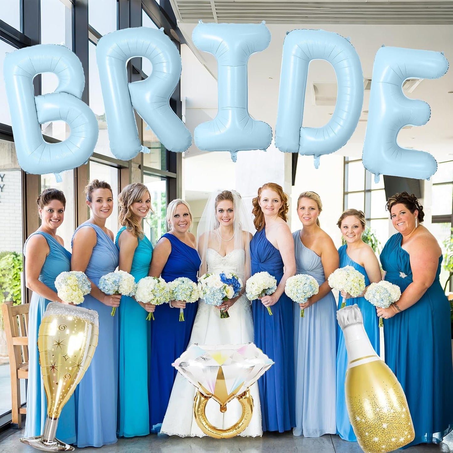 40inch Bride Balloons Baby Blue Letters Banner, Bachelorette Party Decorations Set with Diamond Ring Champagne Bottle Balloon Glass Foil Balloon for Bachelorette Engagement Wedding Bridal Shower Decor