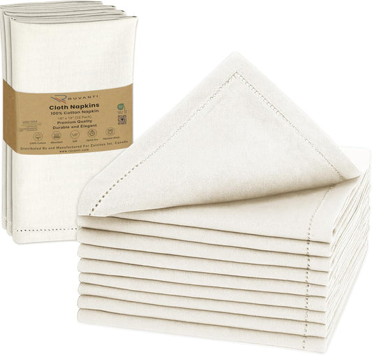 Ruvanti Cloth Napkins - 100% Cotton Dinner Napkins, Hem Stitched Corners, 18x18 Inch, 12 Pack - Soft, Absorbent, Durable, Reusable, Wrinkle Resistant for Formal Dining & Everyday Use - Antique White