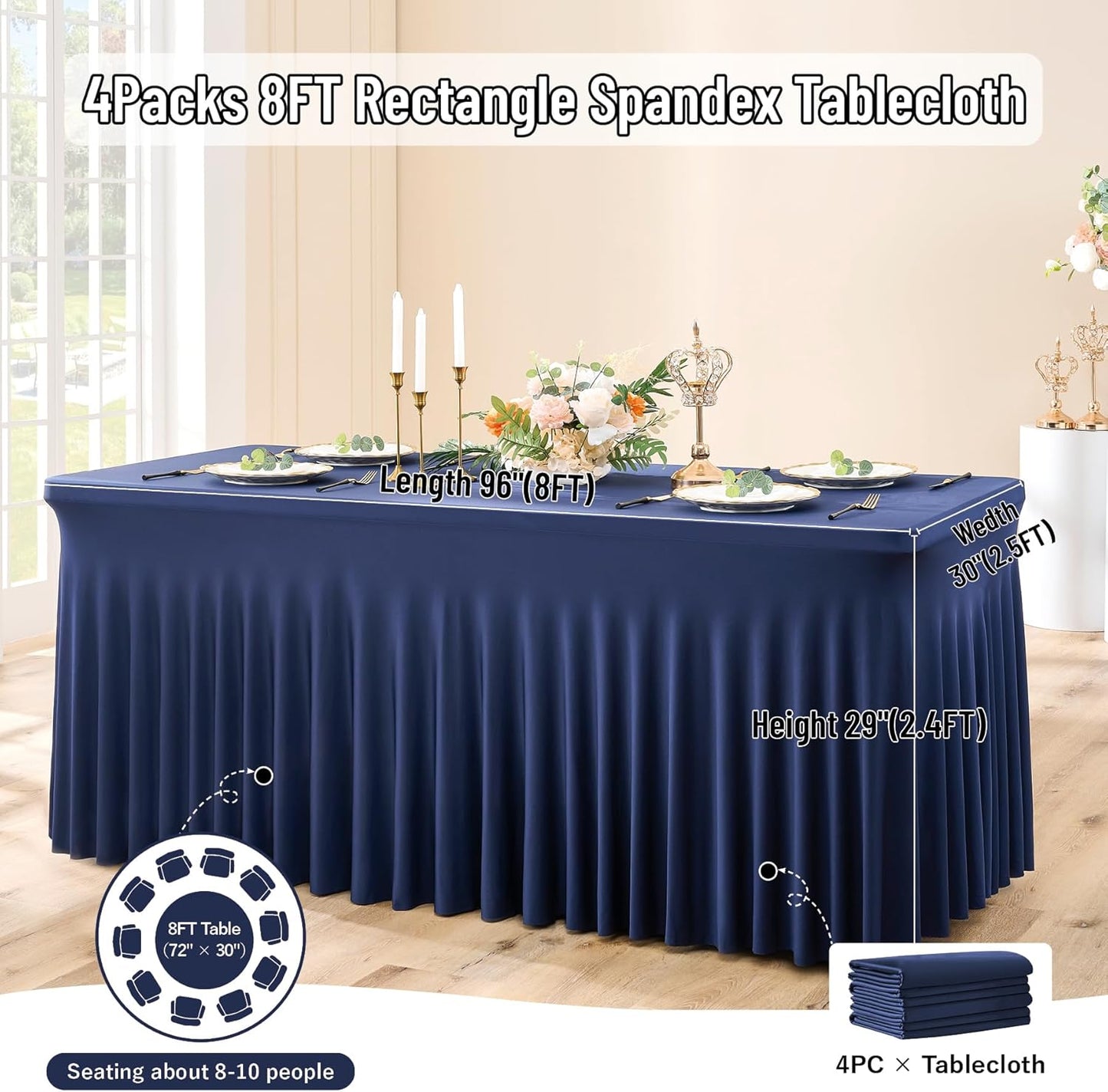 Leegleri 4 Pack Navy Blue Spandex Tablecloths for 8ft Rectangle Tables, Wrinkle Free Fitted Table Cloths with Skirt for Parties Weddings Birthday Banquets