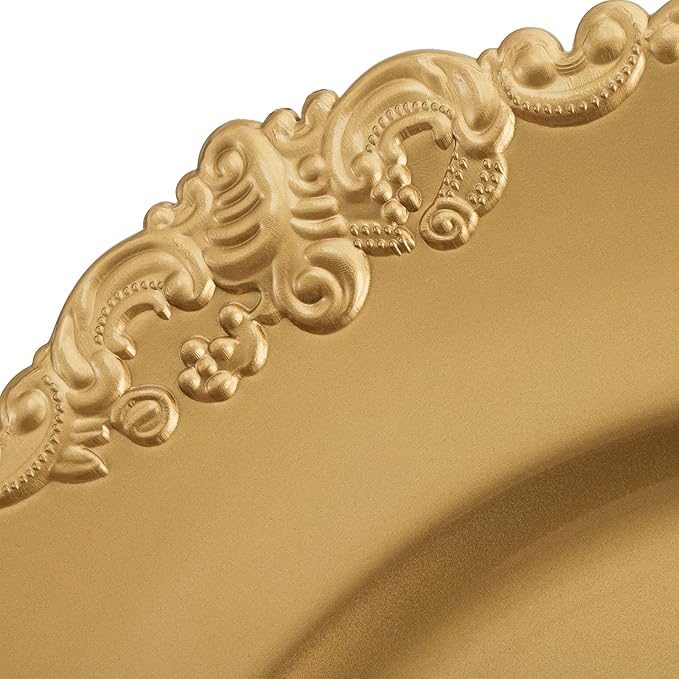 Okllen 12 Pack Gold Charger Plates, 13" Round Dinner Charger Plates with Embossed Rim for Catering, Wedding, Tabletop Decor