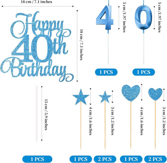 40th Birthday Cake Decorations, 40th Birthday Candles Cake Numeral Candles and Glitter Happy 40th Birthday Cake Toppers Set for Birthday Party Supplies (Blue)