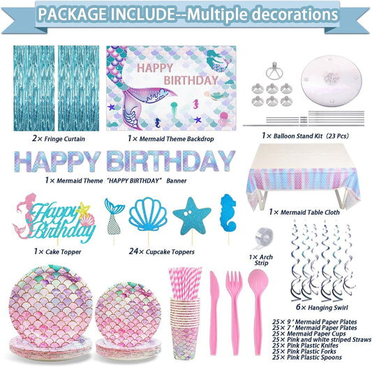 299 Pcs Mermaid Birthday Decorations, Mermaid Party Decorations Kit - Disposable Dinnerware Set with 25 Guests, Backdrop, Balloon, Banner, Tablecloth, Knives, Forks, Spoons, CakeTopper