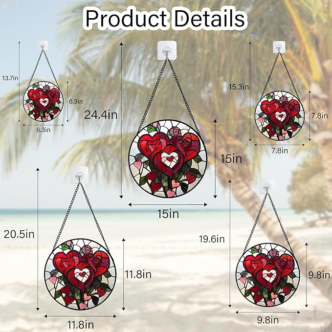 Stained Glass Window Hanging Red Heart-Shaped Roses Large 15" - Flower Suncatcher Door Garden Sun Catcher Decor Birthday Anniversary Valentines Day Gifts for Woman Wife Men Her Him Lovers