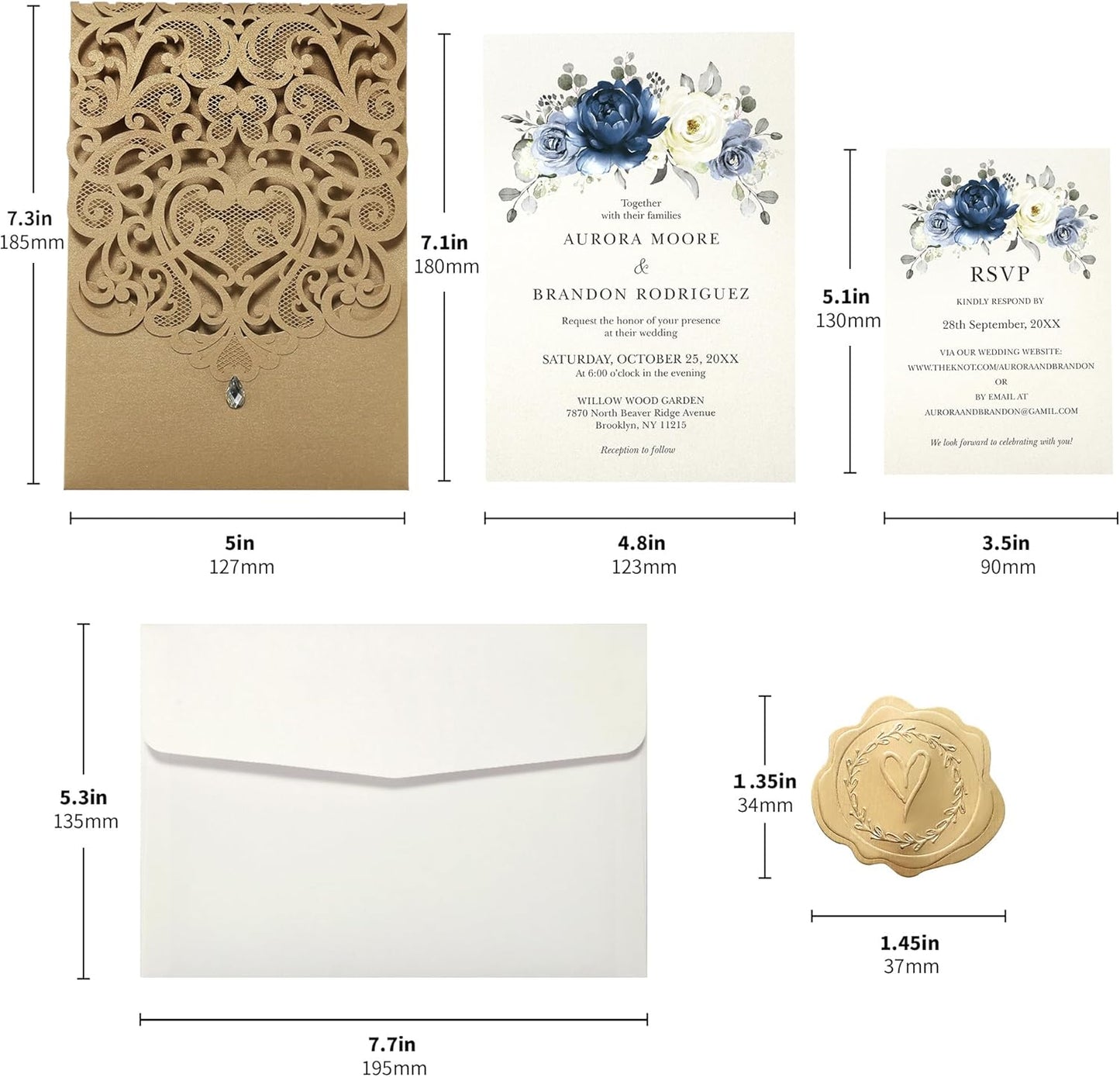 50pcs Laser Cut Wedding Invitations with Envelopes and RSVP Cards Blue and Gold, 5x7.3 Personalized Invitation Cards for Wedding, Anniversary Invitations with Rhinestone