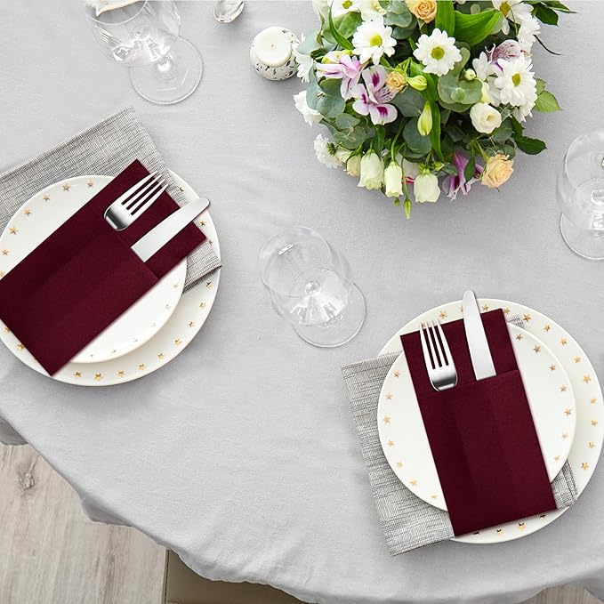 Dark Burgundy Napkins Hand Towels Disposable, Linen-Feel Dinner Napkins with Prefolded Built-in Flatware Pocket, Guest Paper Hand Towels For Wedding, Dinner Or Party (16x16in, 50Pack）