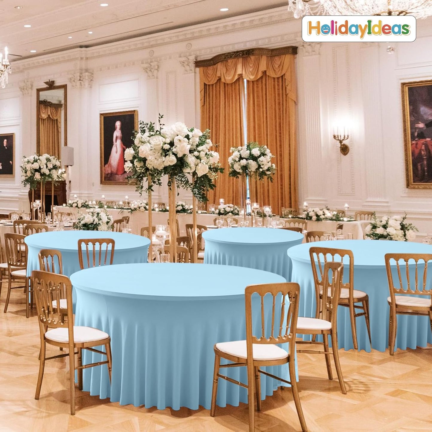 60 Inch Spandex Round Table Skirts ,Fitted Stretch Tablecloths for Round 5 ft Table, Wrinkle-Free Ruffle Design Tablecloths for Baby Shower, Banquets,Trade Shows, Parties, Events, Baby Blue,6 Pcs