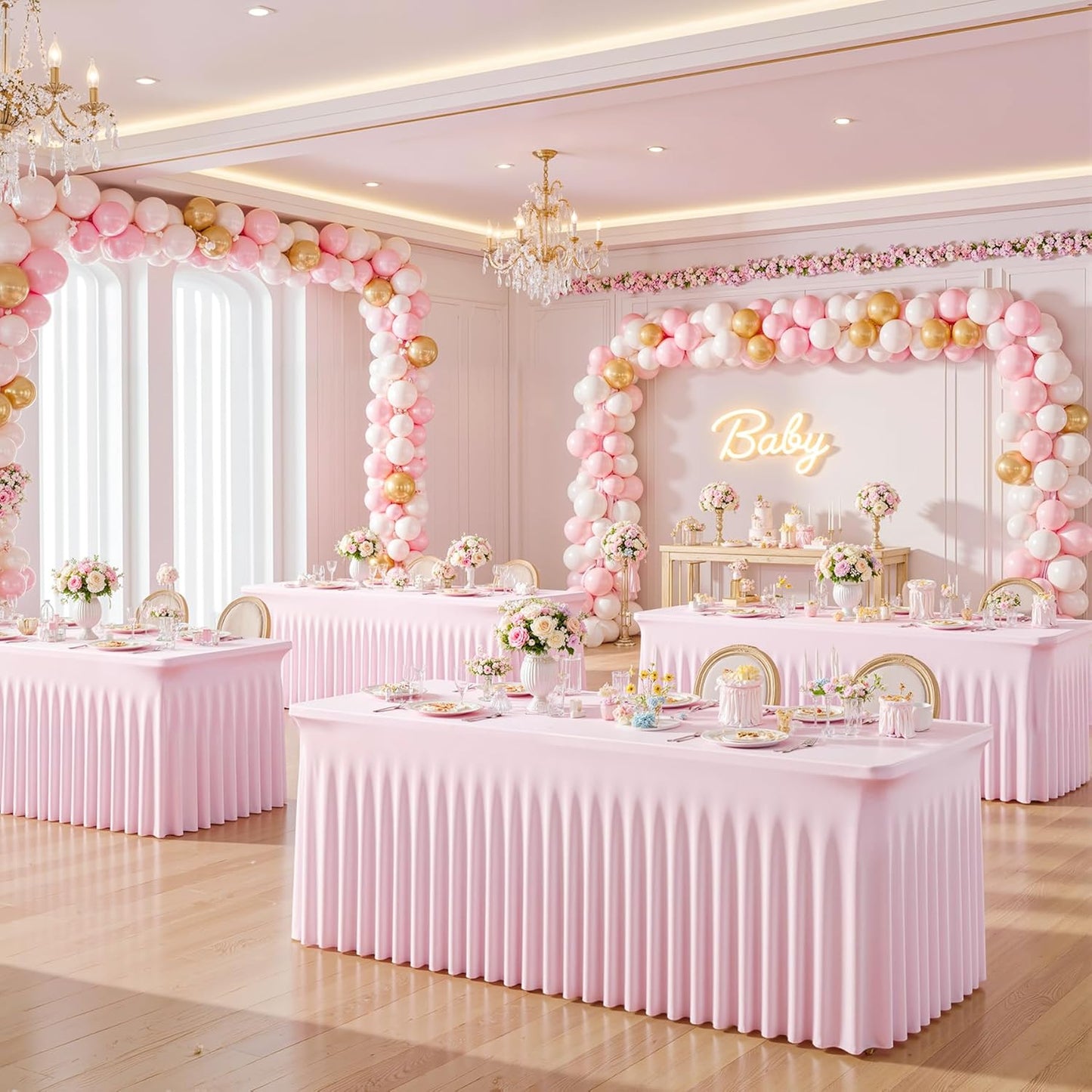 Suppromo 8ft Pink Spandex Table Cloths for Rectangle Tables Wrinkle Free Pink Rectangle Tablecloths Stretch Fitted Table Cover with Skirt for Baby Shower Girl Birthday Party Wedding Banquet Buffet
