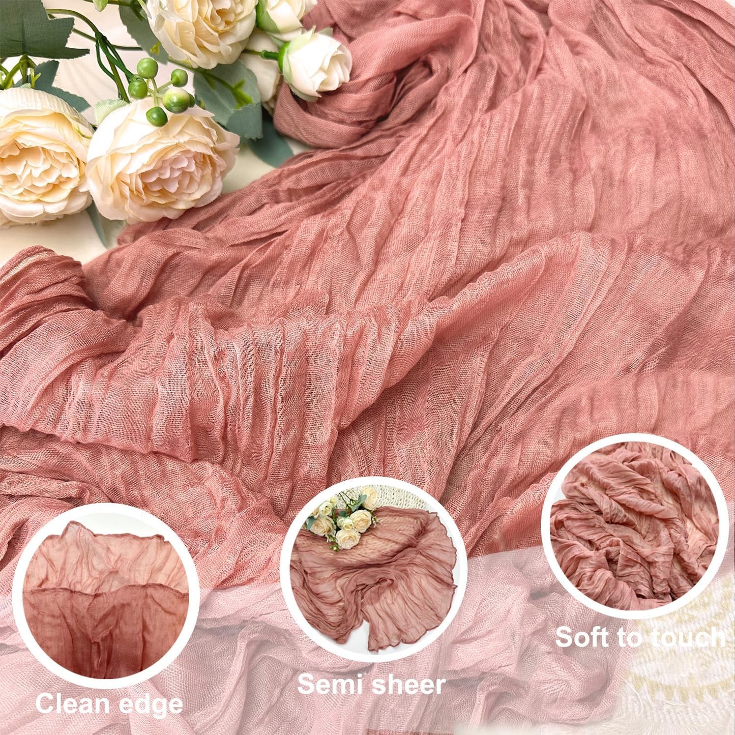 Booque Valley 6 Pack Dusty Blush Cheesecloth Table Runner 10ft Super Soft Boho Wrinkled Gauze Sheer Cloth for Baby Shower Baptism Birthday Party Wedding Centerpiece Table Decoration, 35x120 Inch