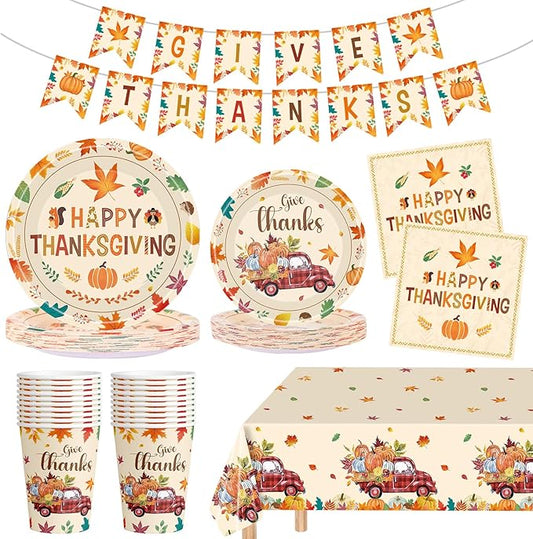 102 Pcs Thanksgiving Party Supplies Sets - Includes Happy Thanksgiving Dinner Paper Plates Napkins, Give Thanks Banner Dessert Plates Cups Tablecloth for Fall Thanks Giving Party Decorations, Serve 25