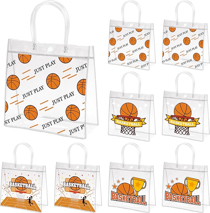 H1vojoxo Basketball Party Gift Bags - 24PCS Basketball Clear PVC Gift Bags with Handle Reusable Sports Goodie Bag for Boys Birthday Party Basketballs Tote Candy Bag Large Treat Ball Themed Party Favor