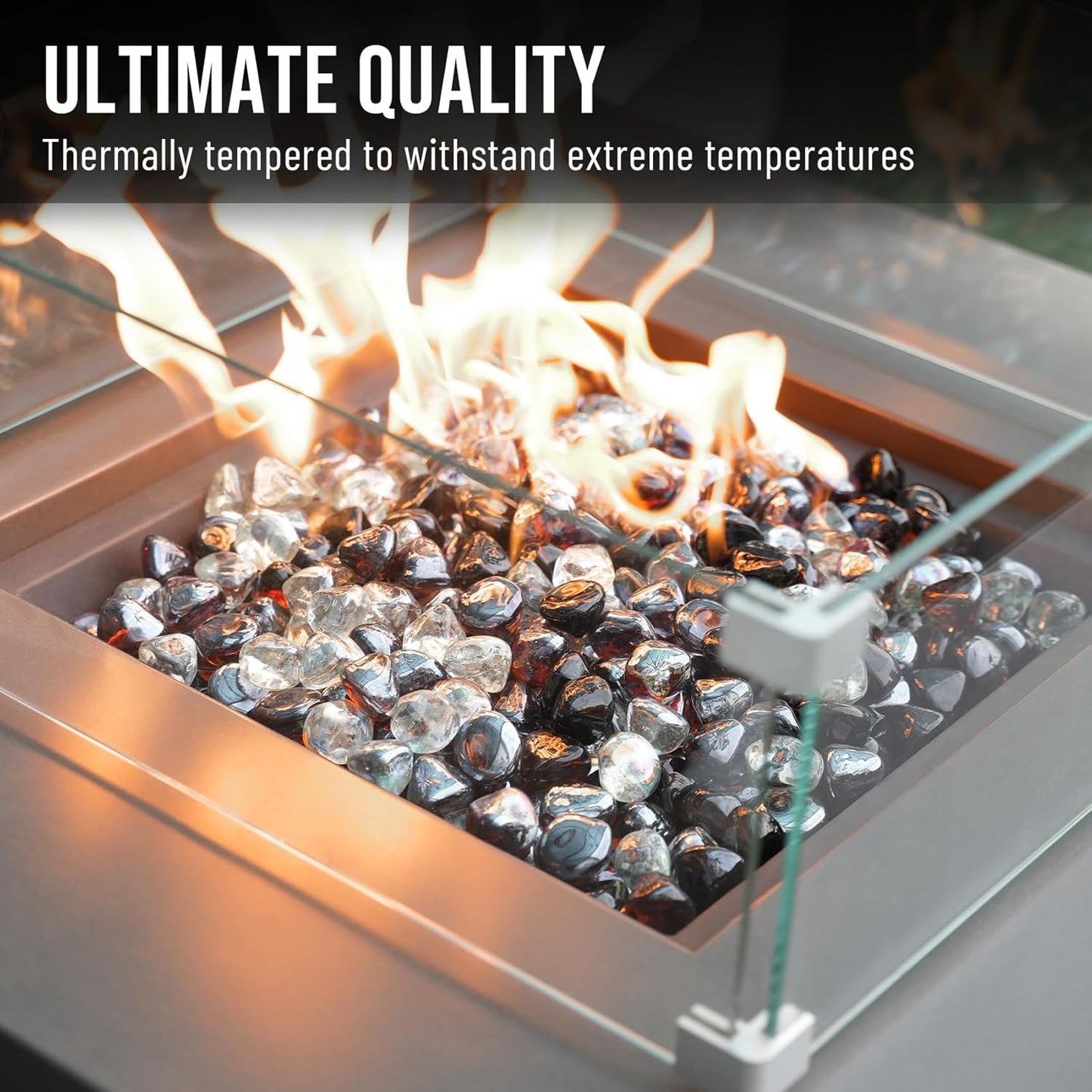 Skyflame 10-Pound Blended Fire Glass Diamonds for Fire Pit Fireplace Landscaping, 1/2 Inch Onyx Black, Crystal Ice, Amber Luster