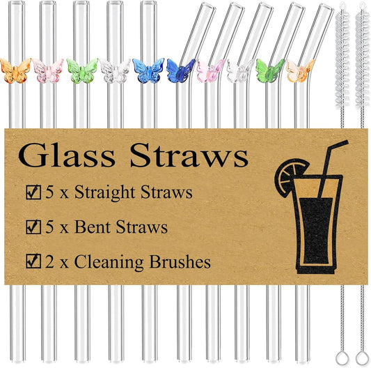 10 Pack Reusable Glass Straws Set, Clear Glass Drinking Straws, 8.5''x10MM, Creative and Cute Butterfly Straw with Cleaning Brush, Perfect for Smoothies, Milkshakes, Juice, Tea, Milk