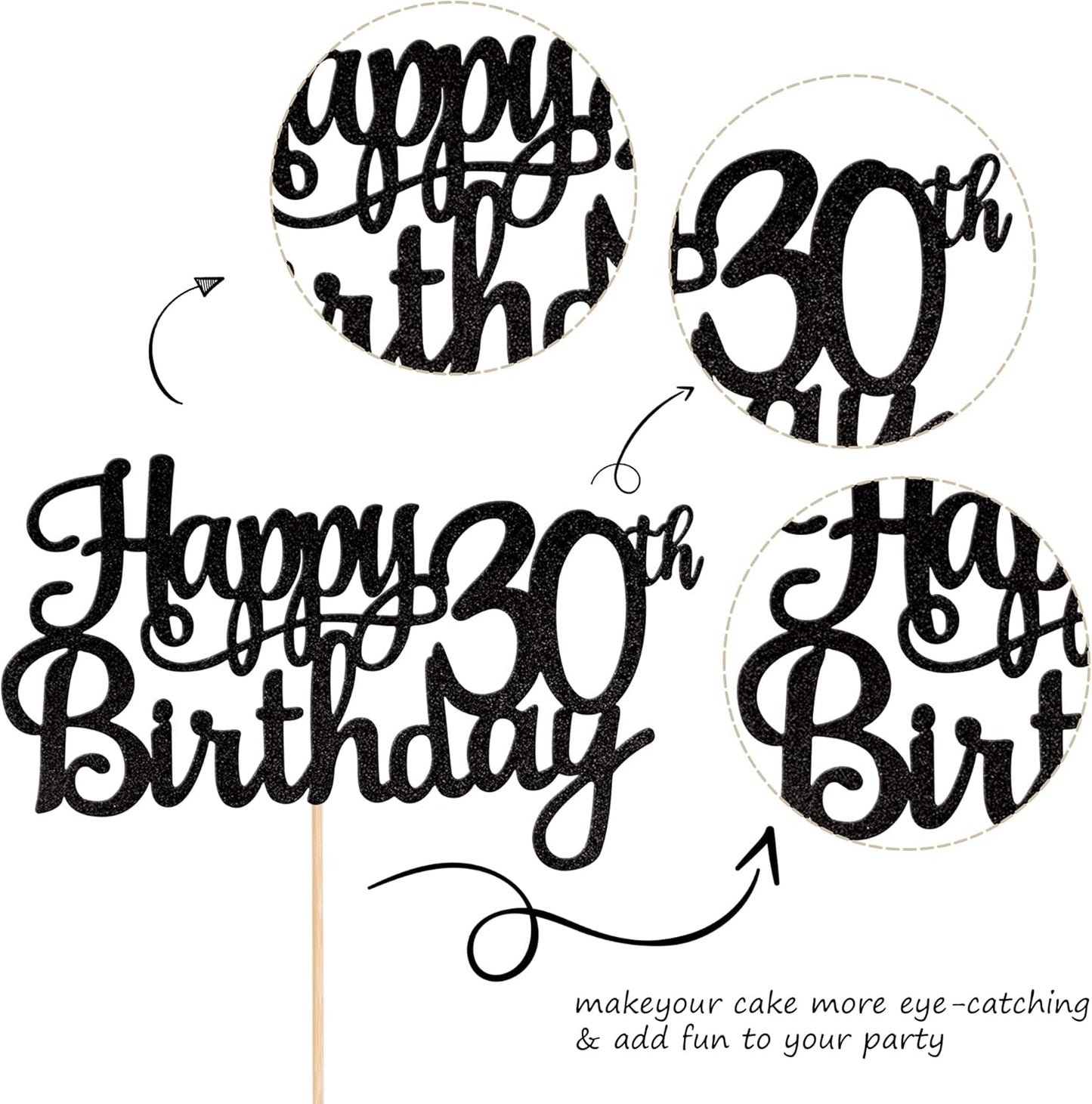 1 PCS Happy 30th Birthday Cake Topper Glitter Cheers to 30 Years Birthday Cake Pick 30 Fabulous Cake Decoration for Happy 30th Birthday Anniversary Party Decorations Supplies Black