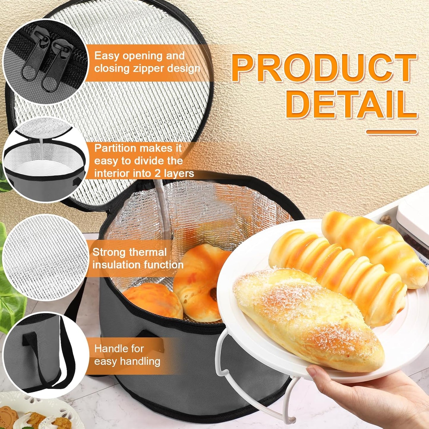 Yaomiao 2 Sets Round Pie Carrier 11 x 7 Inch with Dish Tray Plate Stacker Insulated Casserole Carrier with Lid and Handle Reusable Cooler Thermal Bags for Cold Food for Potluck Picnic (Gray)