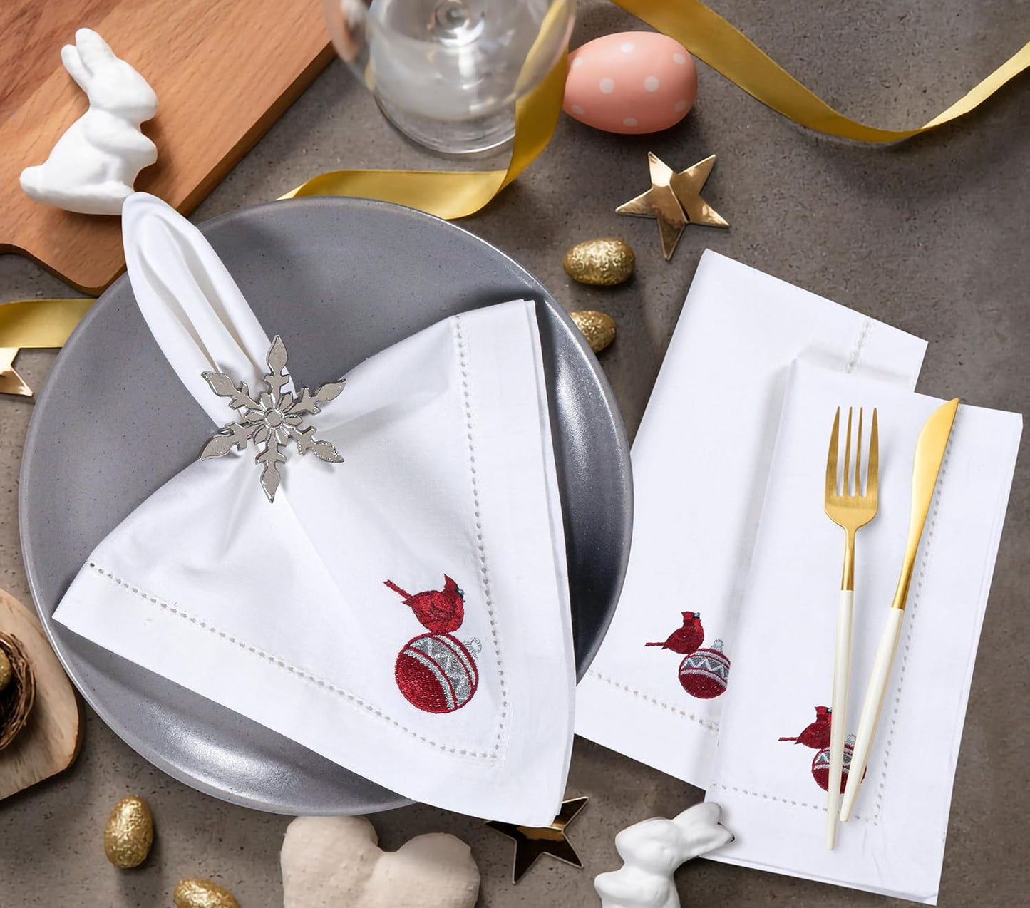 Homidate Cloth Dinner Napkins Set of 12 – 18x18 100% Cotton Silver with Red Embroidery – Machine Washable Reusable Napkins for Weddings, Parties, Dining & Holiday Events