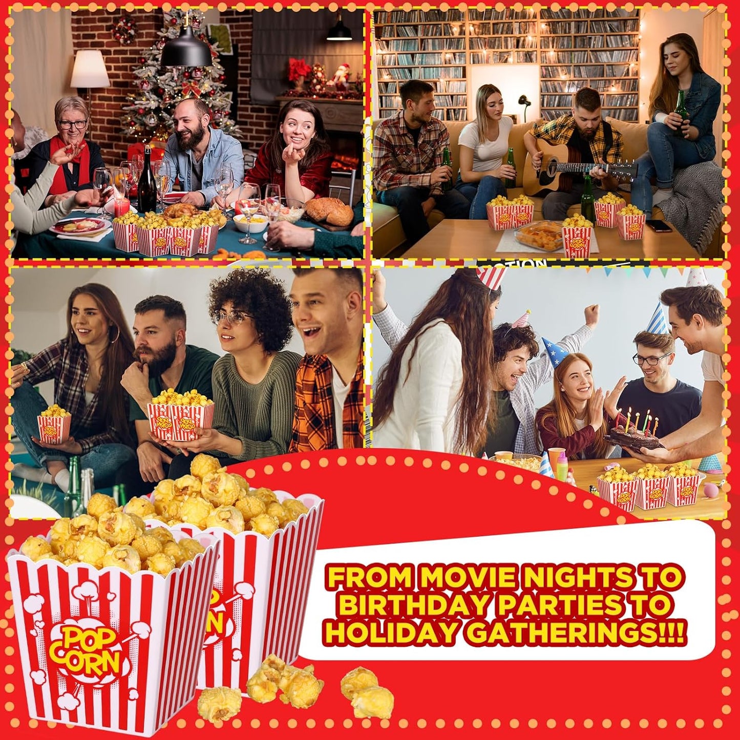 LemonRoad 30 Pcs Plastic Open Top Popcorn Boxes Red and White Striped Classic Popcorn Reusable Movie Theater Style Container Set Bucket Tub for Cinema and Home Use 3.94 Tall x 3.94 Square