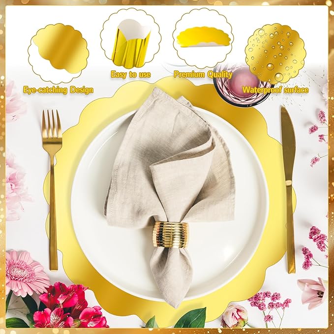 150 Pcs Scalloped Round Gold Paper Placemat for Dinner Plates,13.5" Round Disposable Place Mats Chargers Bulk Christmas Wedding Birthday Party Foil Paper Table Mats Decorative