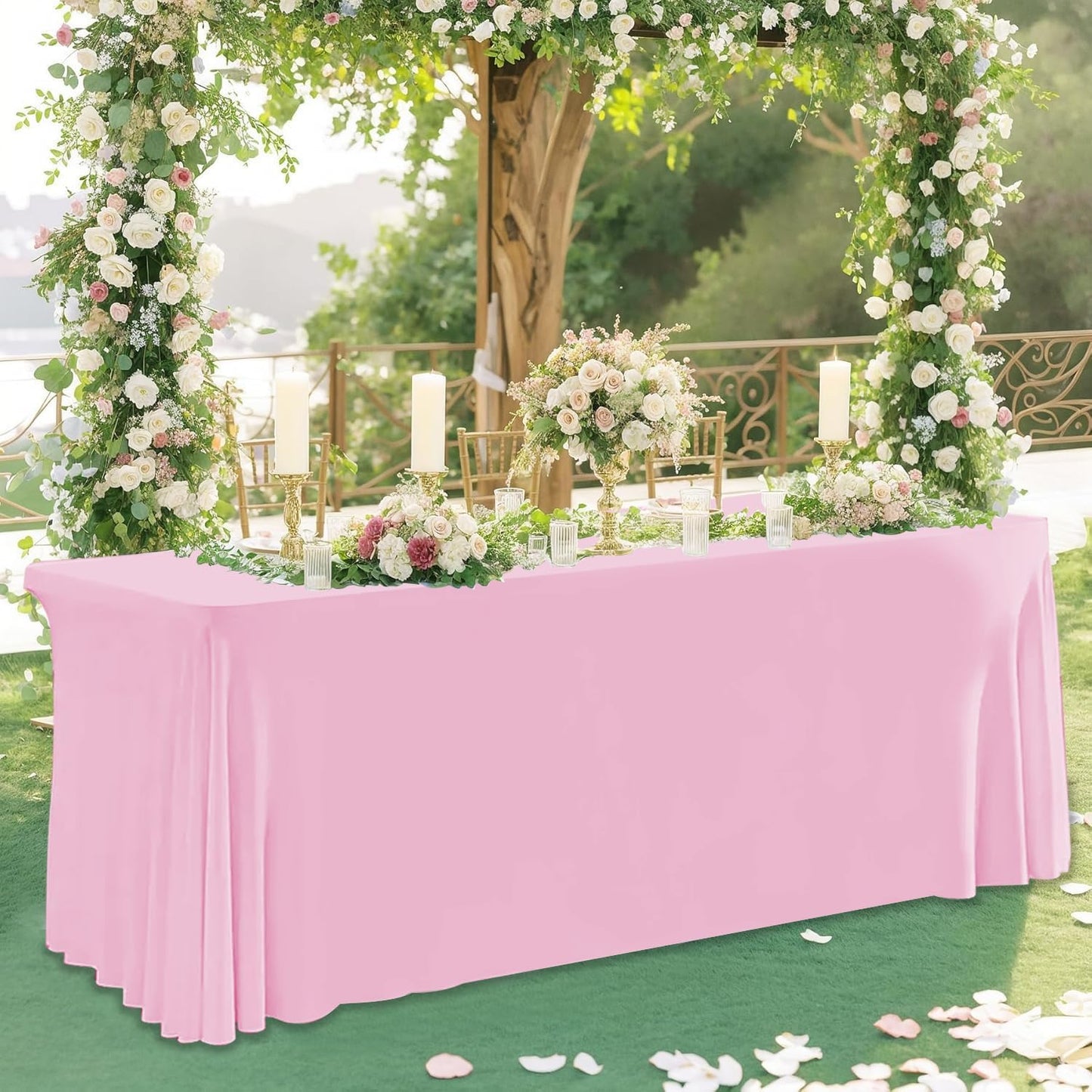 HAORUI Open Back Table Skirts, 4Pack Rectangle Wrinkle Resistant Table Clothes, Ruffles Elastic Table Cover for Banquets, Weddings, Parties (6ft Pink)