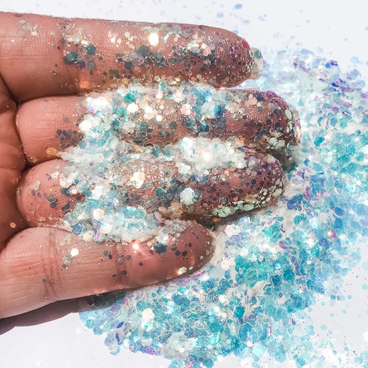 HEMOER White Opal Glitter 100g/3.5oz, Cosmetic Mixed Hexagon Chunky & Fine Craft Glitter Resin Sequins for Epoxy Glass, Resin Art, Body, Hair, Face, Nail, Slime, Tumbler, Festival Party