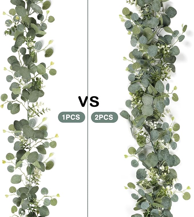 SOMYTING Artificial Eucalyptus Garland 2 Packs 5.9Ft Silver Dollar Eucalyptus Leaves Fake Vine with White Baby Breath Faux Greenery Garland Spring Garland for Mantle Table Wedding Party Decor (4PCS)