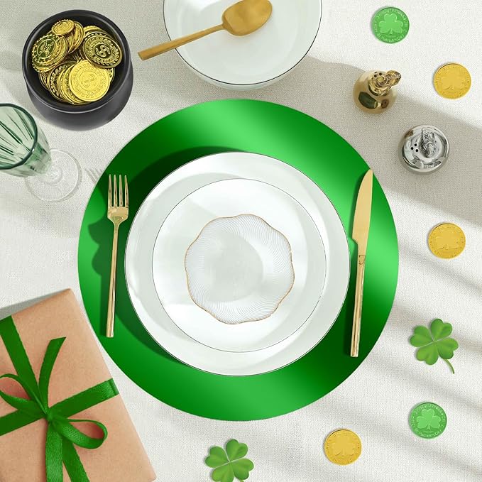 KesaPlan 100 PCS Round Green Placemats, 13" Disposable Paper Placemats for Dining Table, Mirror Green Charger Place Mat for St. Patrick’s Day Christmas Thanksgiving Table Setting Wedding Party
