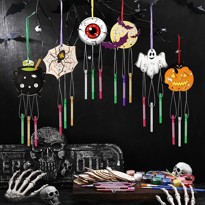 JellyArch 30 Pack Halloween Wind Chime Making Kit for Adults Make Your Own Halloween Wind Chime Ghost Pumpkin Bats DIY Crafts Wooden Ornaments for Activity Birthday Decoration