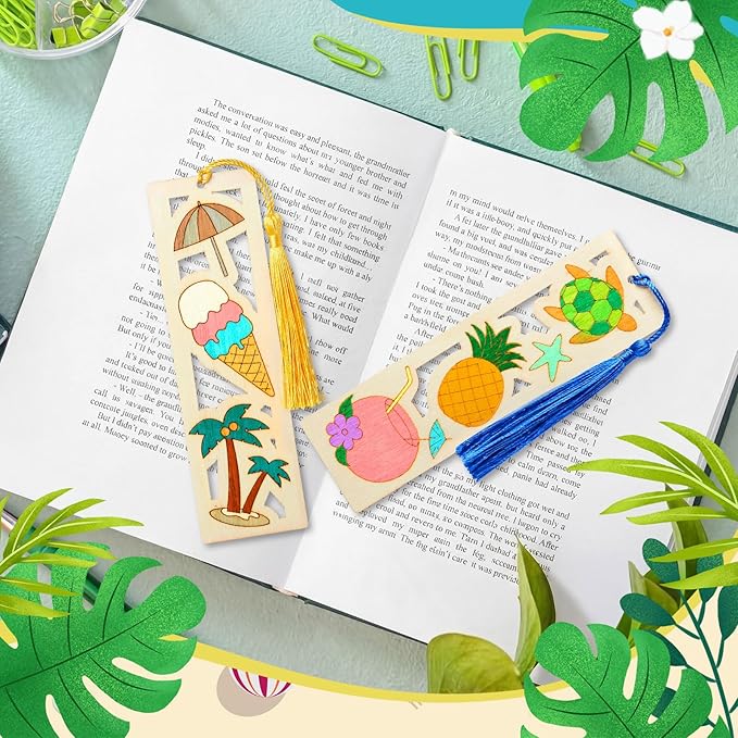 Yexiya 100 Pcs Bulk DIY Wooden Bookmarks Kit - 50 Set Tropical Hawaii Unfinished Wood Crafts with 50 Colorful Tassels for Classroom Rewards, Student Gifts, Summer Camp, Luau Party Favors, Art Projects