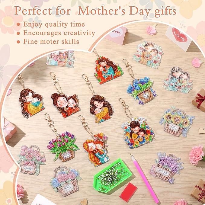 Huquary 24 Pcs Mother's Day Diamond Art Keychain Kits 5d DIY Diamond Art Mother's Day Crafts Pendant Ornaments for Mom Grandma Flower Basket Mom and Child Charms for Birthday Party Favors Decorations