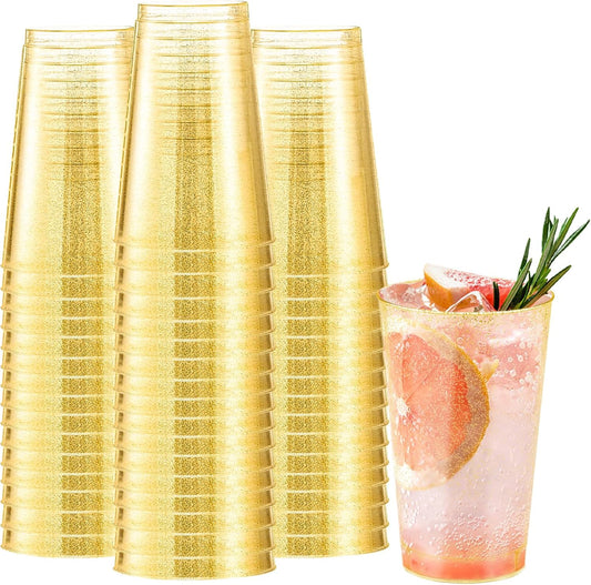 12 oz Gold Plastic Cups, 100 Pack Cold Party Drinking Cups, Plastic Cup Tumblers, Disposable Gold Cup for Party, Wedding, Halloween, Christmas
