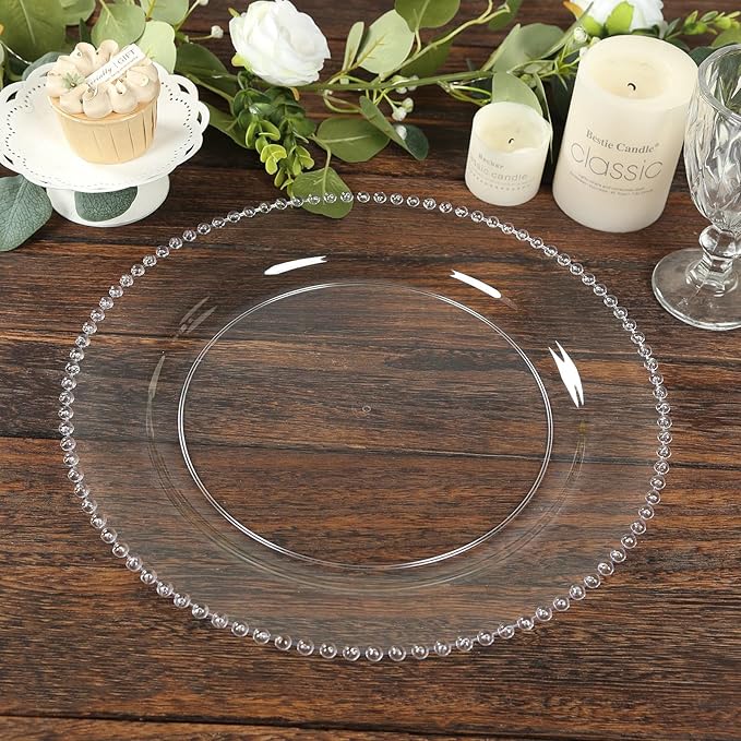 Efavormart 10-Pack Economy Plastic Charger Plates 13" Round Clear Beaded Rim - Stylish Dinner Party Serving Plates