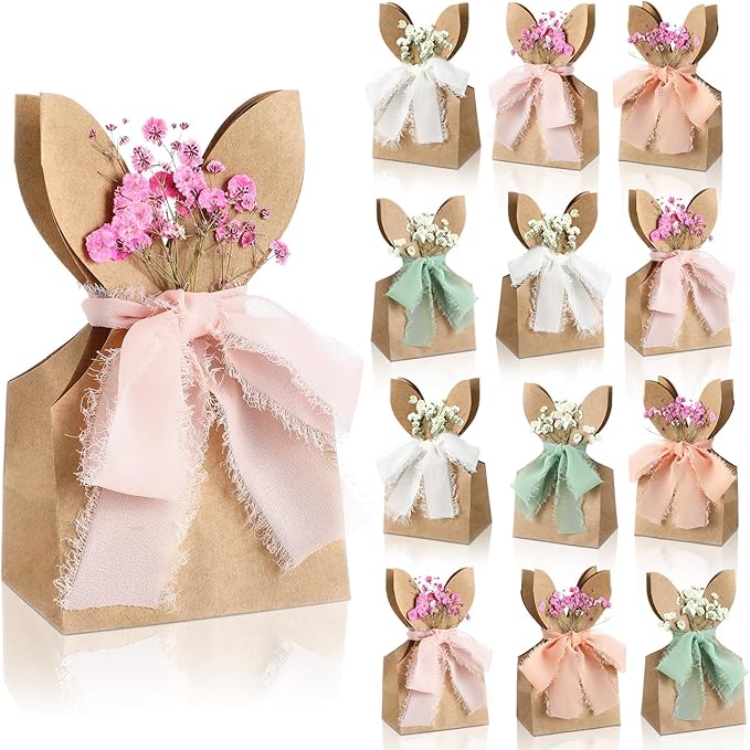 Affrolling 48 Set Boho Bow Easter Bunny Party Favor Bags DIY Bunny Gift Boxes with Neutral Bow Ribbon and Dried Flowers Rustic Paper Rabbit Ears Treat Bags Bulk for Easter Spring (Neutral Pastel)
