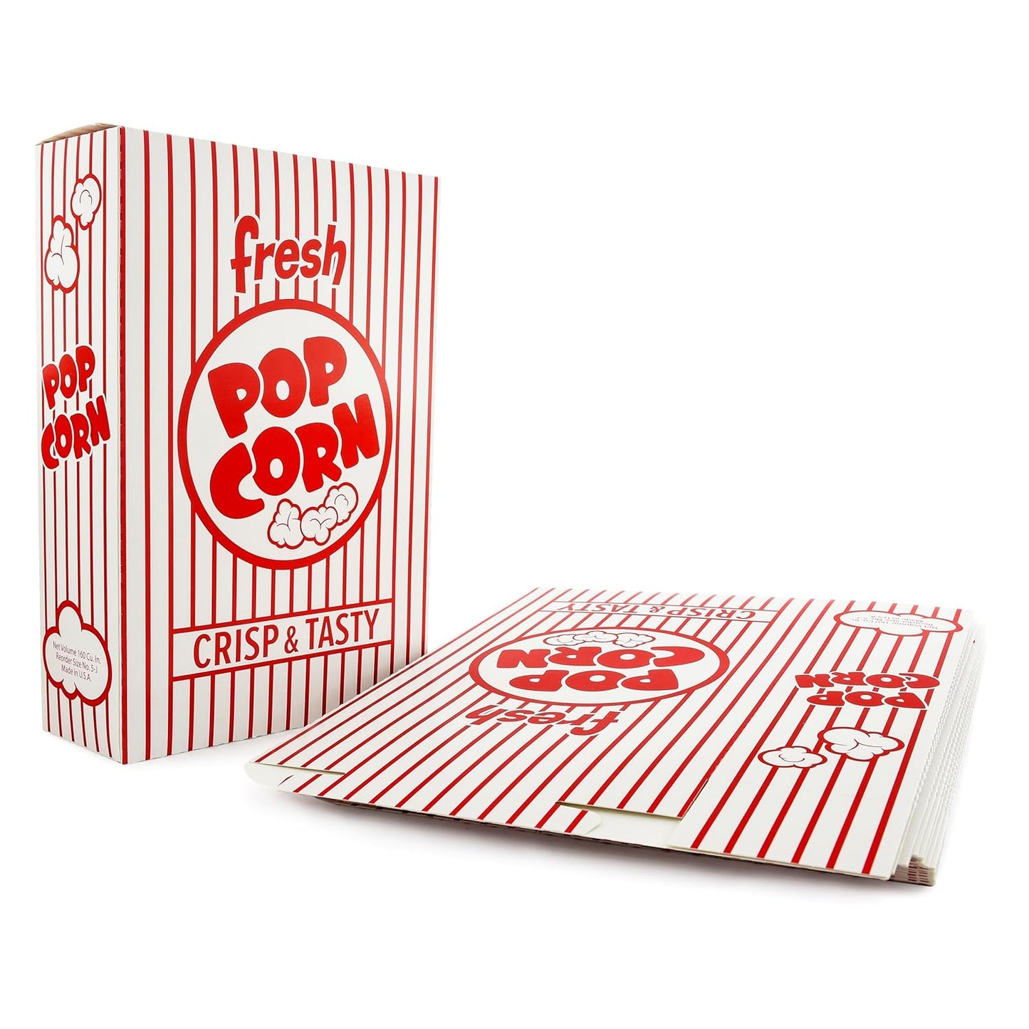 SNAPPY 5J Red & White Striped Close Top Reusable Popcorn Boxes, 50 Count, 3.3 oz. Capacity, 6.5" x 2.5' x 9.5' Popcorn Containers, Paper & Cardboard Construction, Grease Resistant, Easy to Assemble