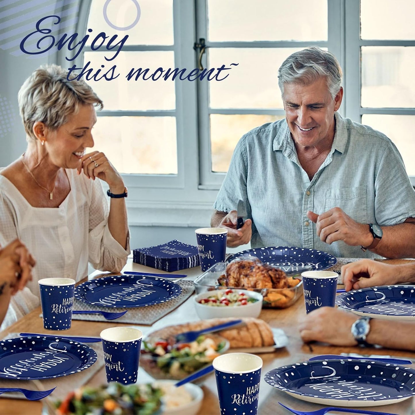 Pickmesh 192 Pcs Retirement Party Decorations Happy Retirement Paper Plates and Napkins Set with Cups and Knife Fork Spoon,Farewell Party Disposable Tableware for 24 Guest Women Men(Blue)
