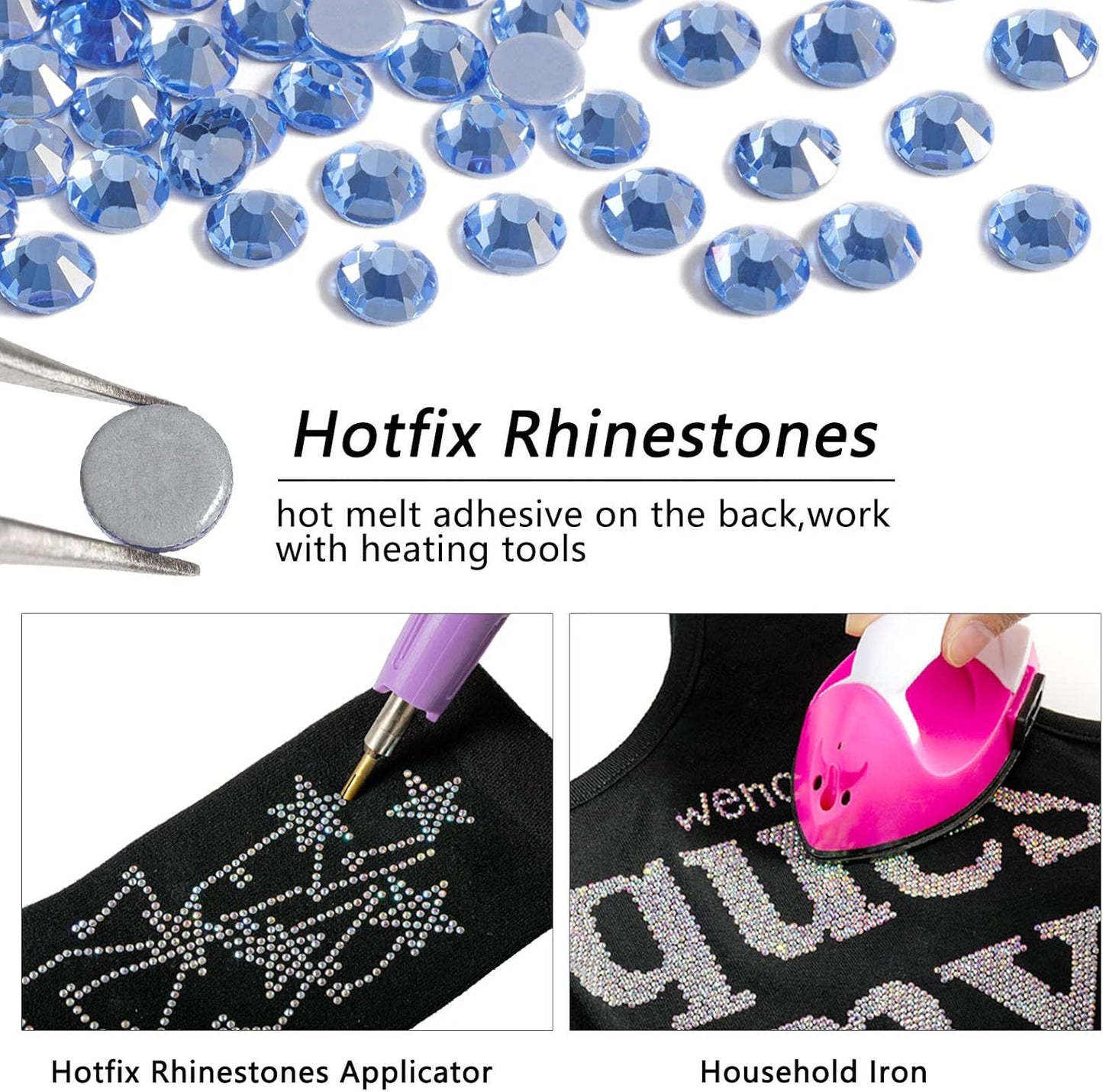 Beadsland Hotfix Rhinestones, 1440pcs Flatback Crystal Rhinestones for Crafts Clothes DIY Decorations, Light Sapphire, SS16, 3.8-4.0mm
