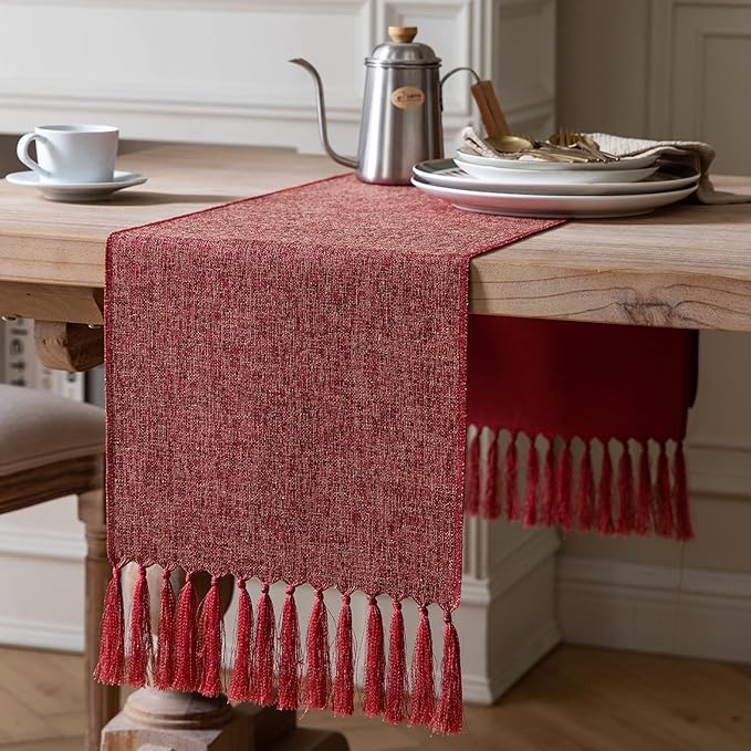 ZeeMart Red Table Runners 90 Inches Long, Burlap Linen Style Rustic Farmhouse Table Runner, Long Boho Dining Table Runner, 13x90 Inches, Red