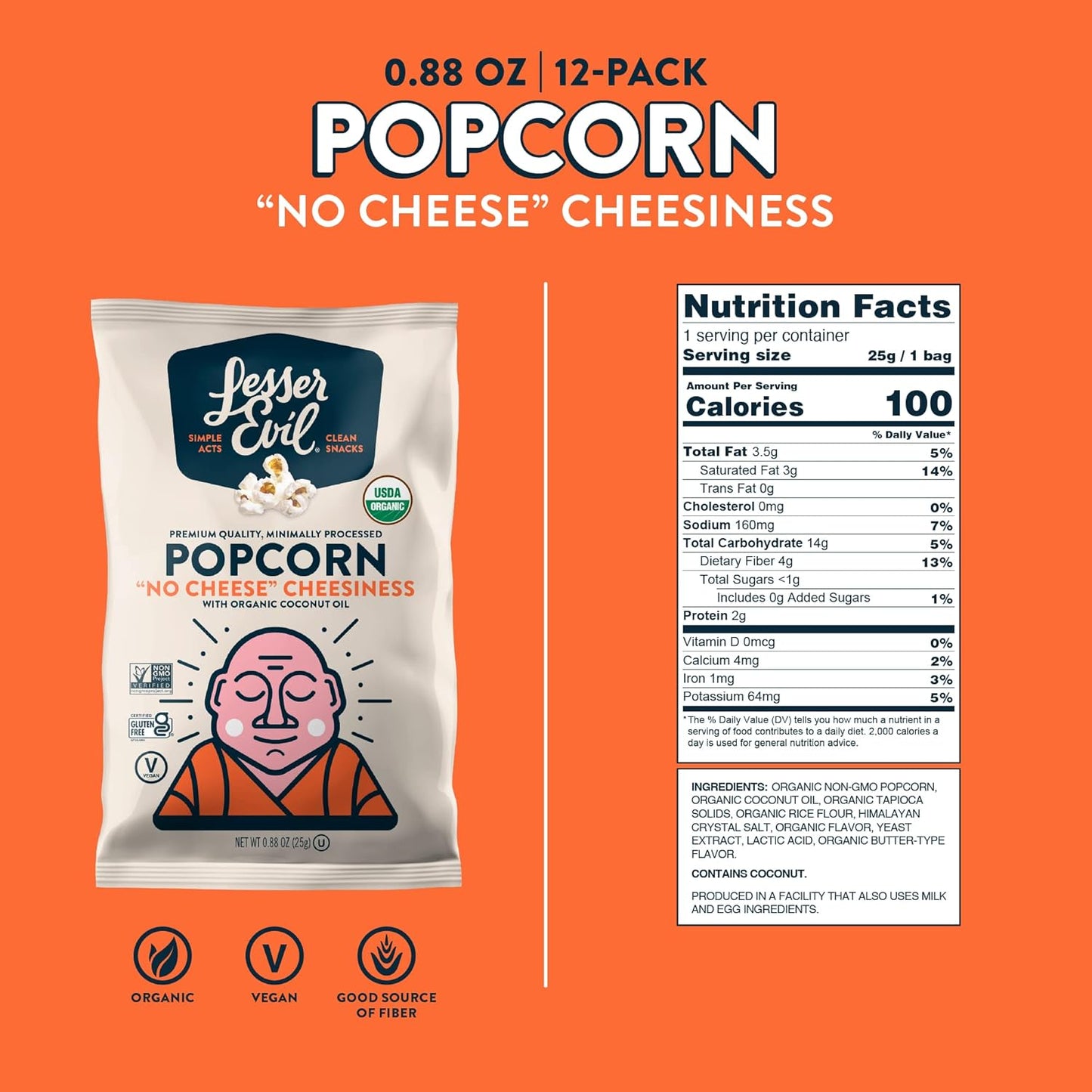 LesserEvil No Cheese Cheesiness Organic Popcorn, Premium Quality, Minimally Processed, No Vegetable Oil, 0.88 Oz, Pack of 12