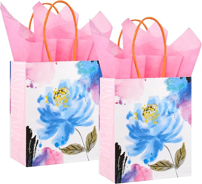 24 Pack Mini Watercolor Floral Paper Gift Bags Small Pink Party Favor Bags with Handles and Tissue Paper for Wedddings, Bridal Baby Showers, Birthdays, Valentines, Mother's Day, 6.5x5.5x3 Inch