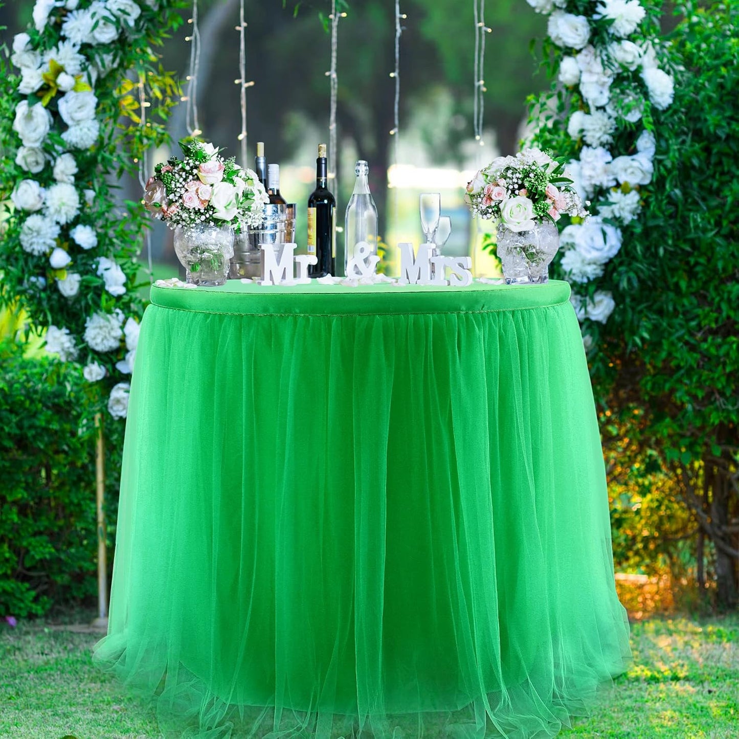 14ft Green Table Skirt Tulle Tutu Table Clothes for Birthday Boy Girl Baby Shower Gender Neutral Graduation, Hawaiian Jungle Luau Themed Party, Animal Safari Theme Party Decorations
