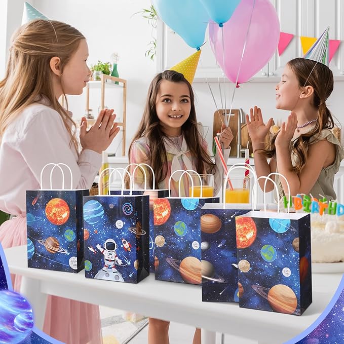 Gaillty 24 Pcs Outer Space Party Favor Bags Galaxy Goodie Gift Bags with Handles Kraft Paper Solar Treat Candy Totes for Astronaut Science Themed Birthday Party Supplies Decorations