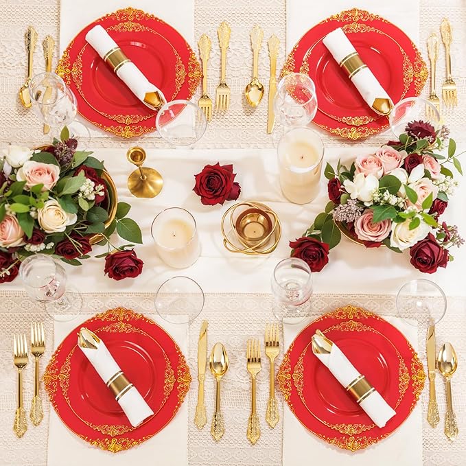 Nervure 175PCS Red Plastic Plates - Disposable Red Gold Party Plates & Pre Rolled Napkins with Cutlery for 25 Guests, 50Plates, 75Silverware, 25Cups, 25Napkin for Wedding & Party & Independence