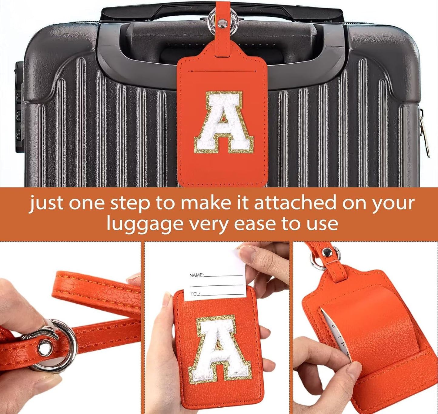 XSUIOY Personalized Initial Luggage Tags, Leather Chenille Letter Cute Luggage Tags with Privacy Name Card, Embroidered Travel Bag Backpack Tags Gifts for Women Kids Girls Teens (Orange, 1 Pack)